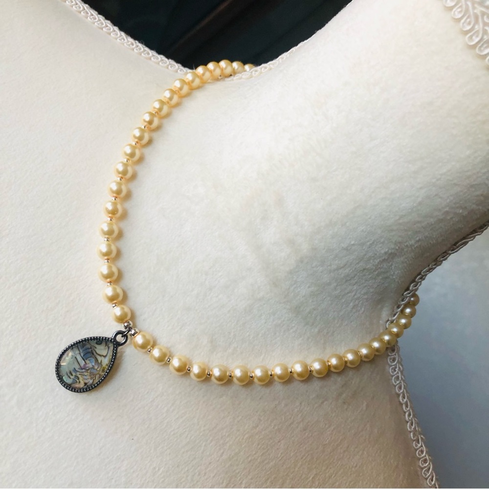 Handcrafted repurpose marble teardrop pendant Czech glass Pearl necklace